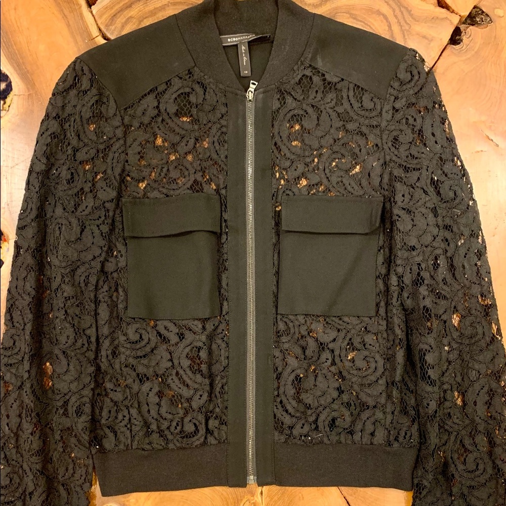BCBG lace black bomber jacket shirt zipped up